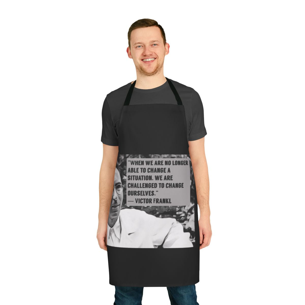 Apron featuring a digital artwork design with a quote by philosopher Viktor Frankl