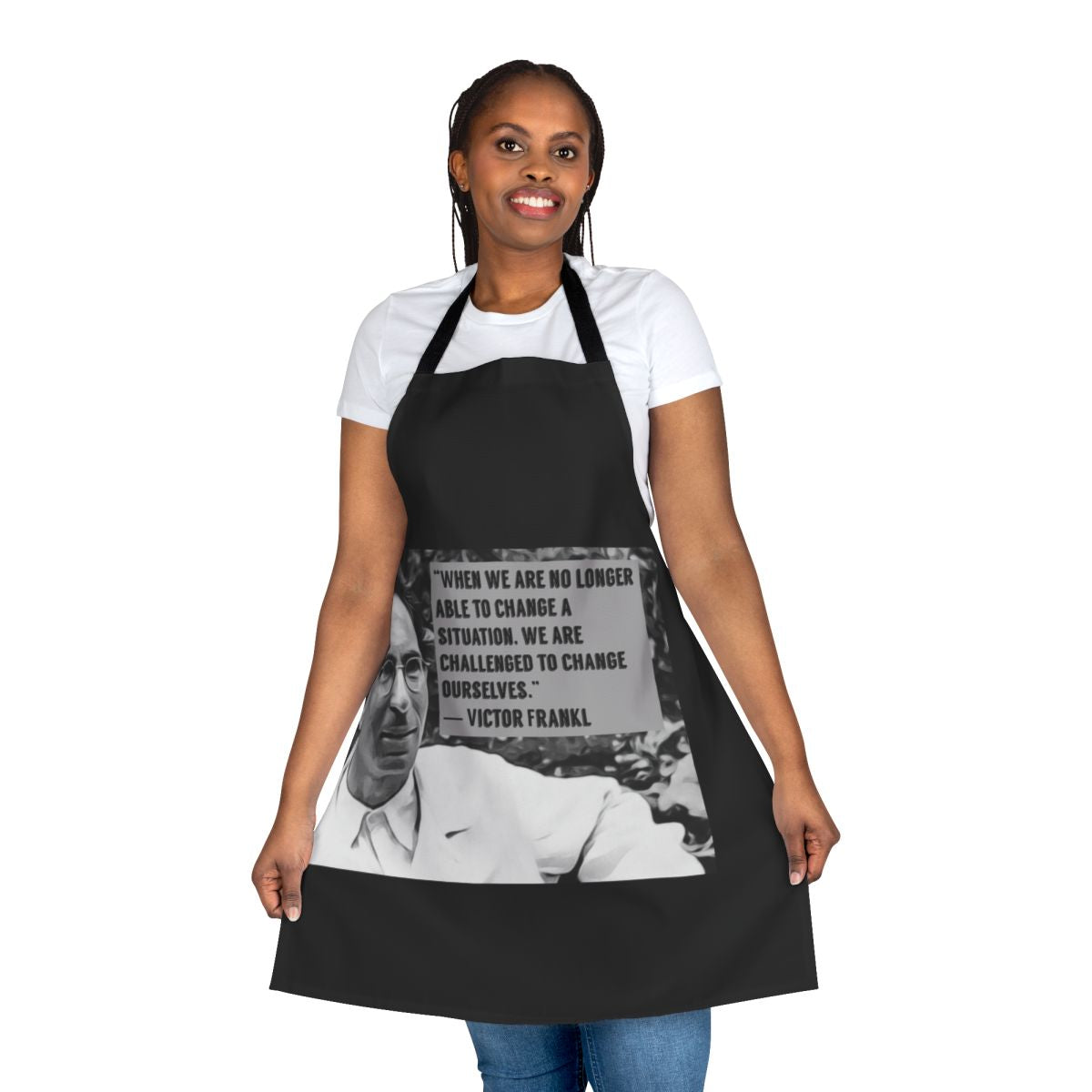 Apron featuring a digital artwork design with a quote by philosopher Viktor Frankl