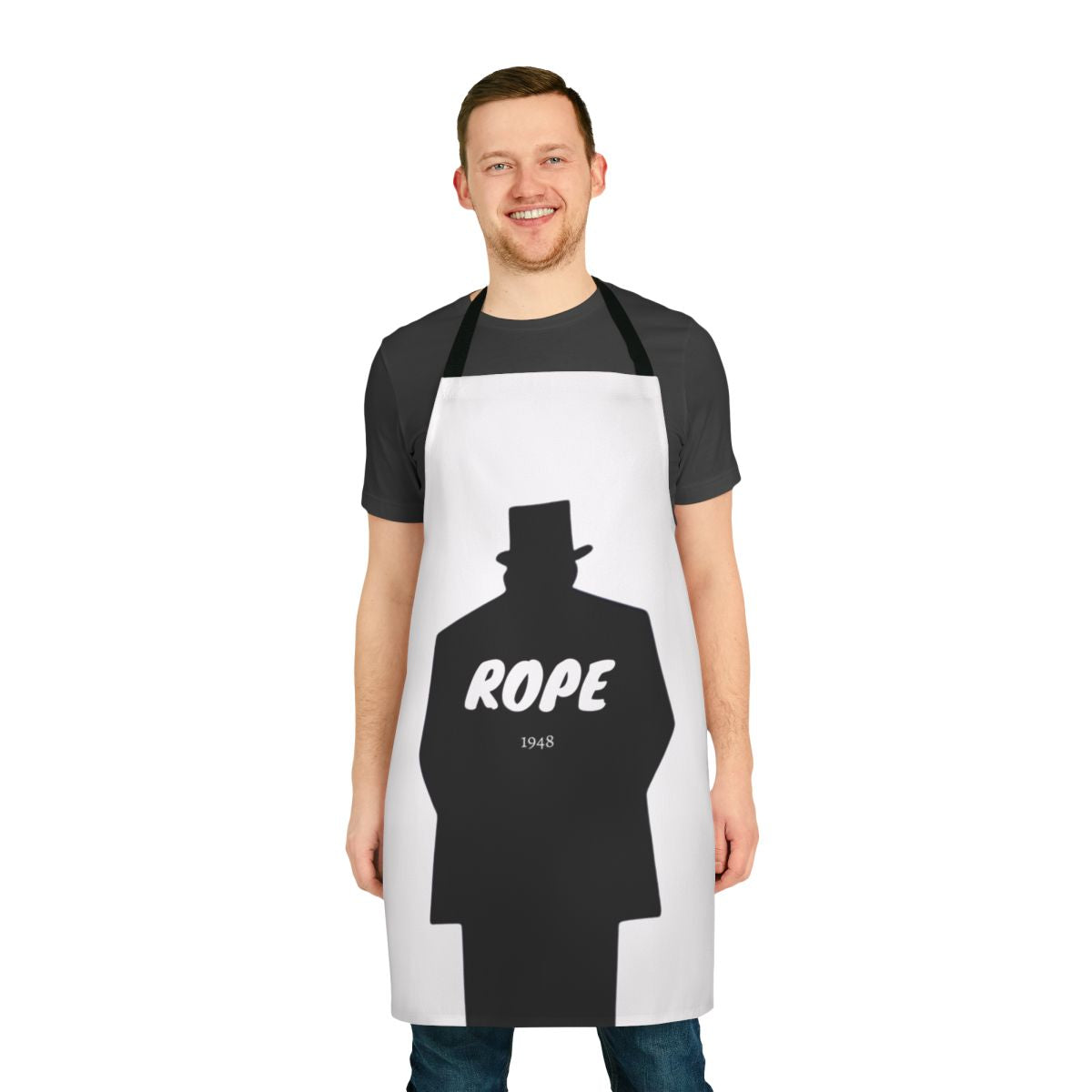 An apron featuring a classic Hitchcock movie scene, perfect for film lovers