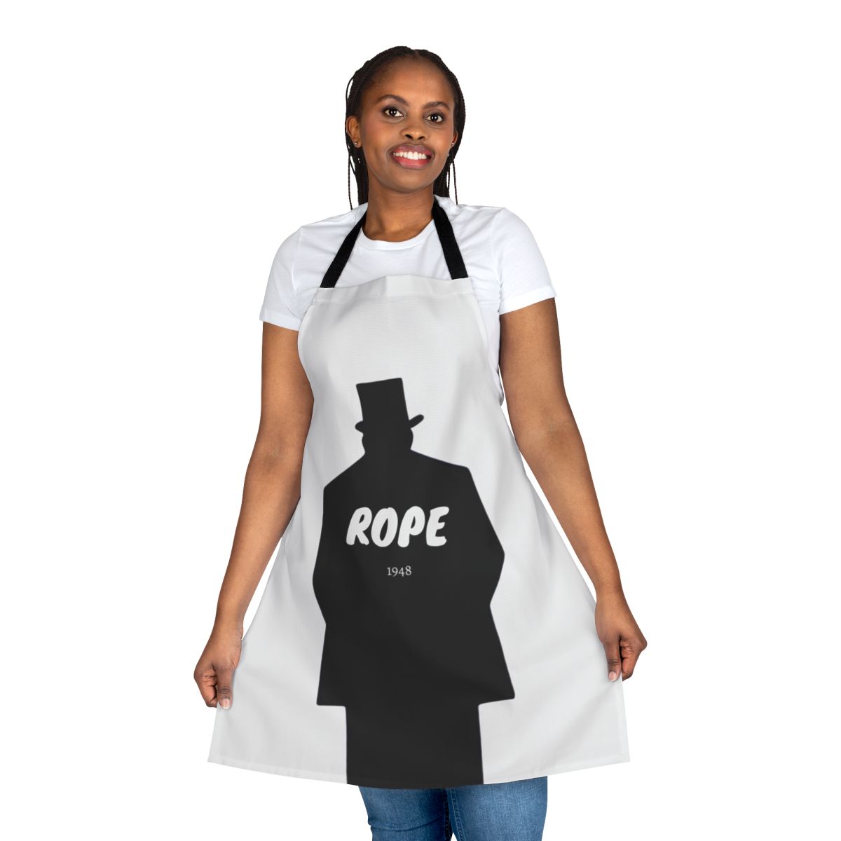 An apron featuring a classic Hitchcock movie scene, perfect for film lovers