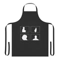 An apron featuring a stylized graphic design inspired by the iconic silhouettes and shadows of Alfred Hitchcock films.