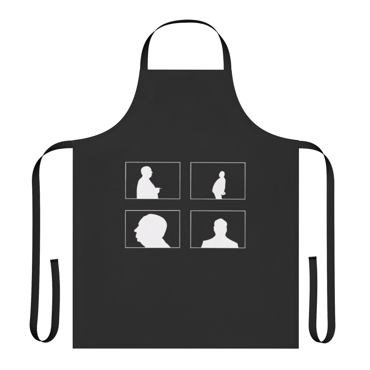 An apron featuring a stylized graphic design inspired by the iconic silhouettes and shadows of Alfred Hitchcock films.