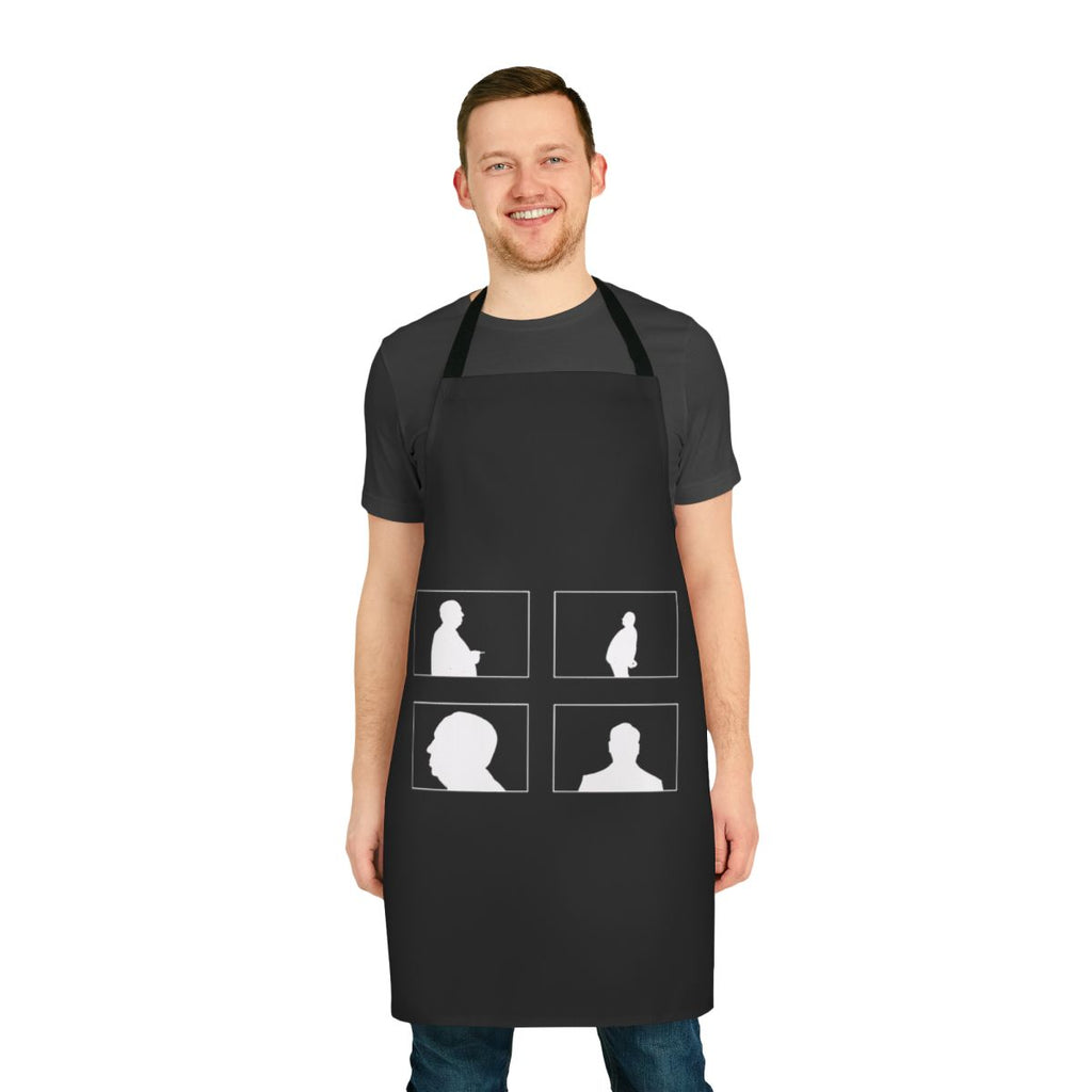 An apron featuring a stylized graphic design inspired by the iconic silhouettes and shadows of Alfred Hitchcock films.