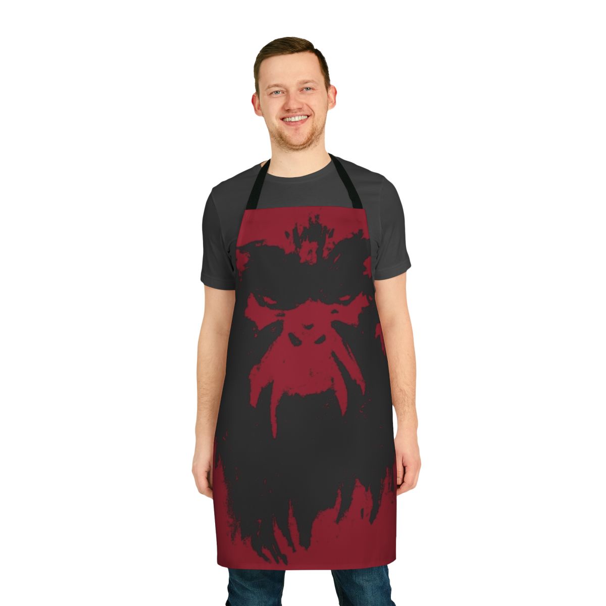 Black apron featuring a wall drawing design inspired by the cult film 12 Monkeys