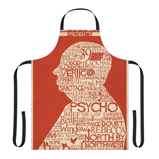 An apron with a typographic design inspired by the movie posters of legendary director Alfred Hitchcock.