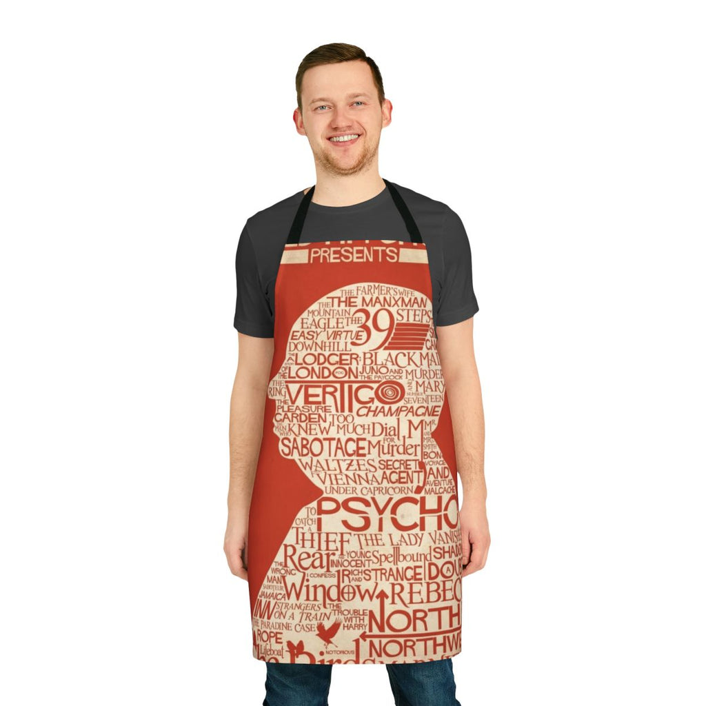 An apron with a typographic design inspired by the movie posters of legendary director Alfred Hitchcock.