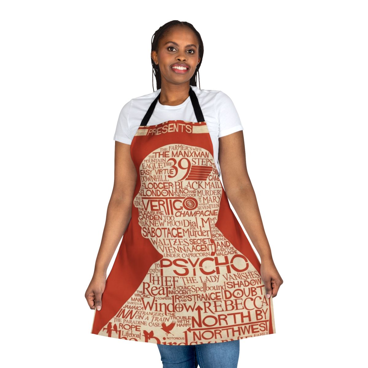 An apron with a typographic design inspired by the movie posters of legendary director Alfred Hitchcock.