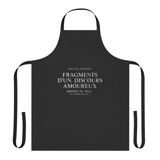 Stylish kitchen apron featuring a design inspired by Roland Barthes' "A Lover's Discourse"