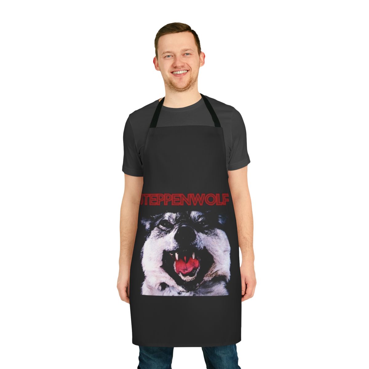 Stylish apron featuring the Steppenwolf band logo and literary references to Hermann Hesse's works