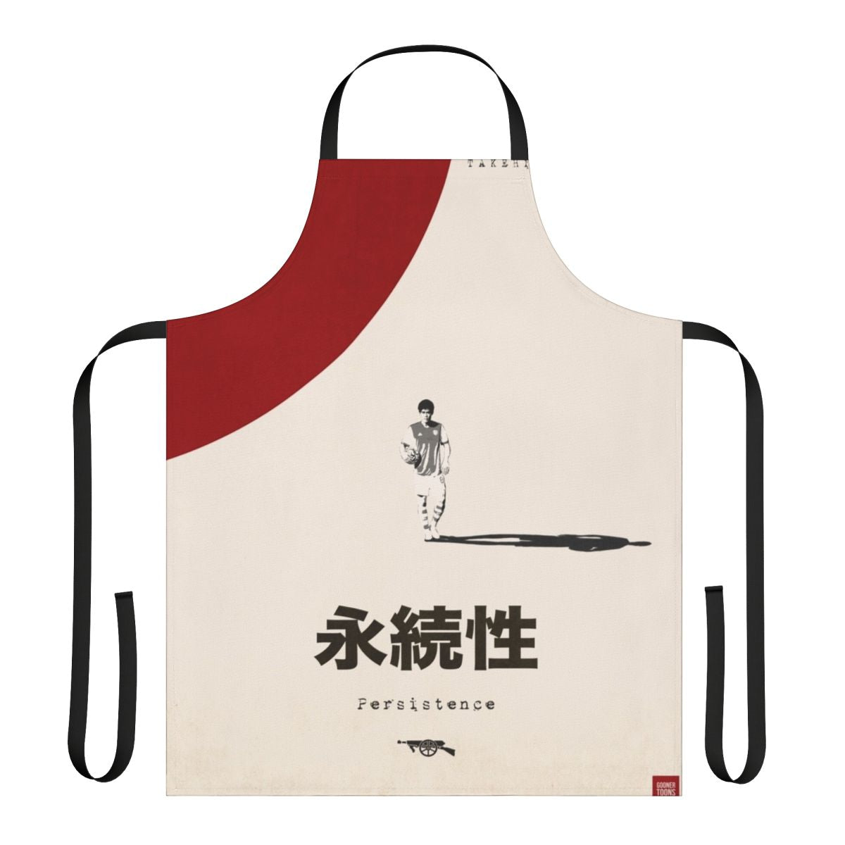 Vibrant Japanese-inspired apron featuring the Tomi Gun poster design, perfect for Arsenal FC fans.