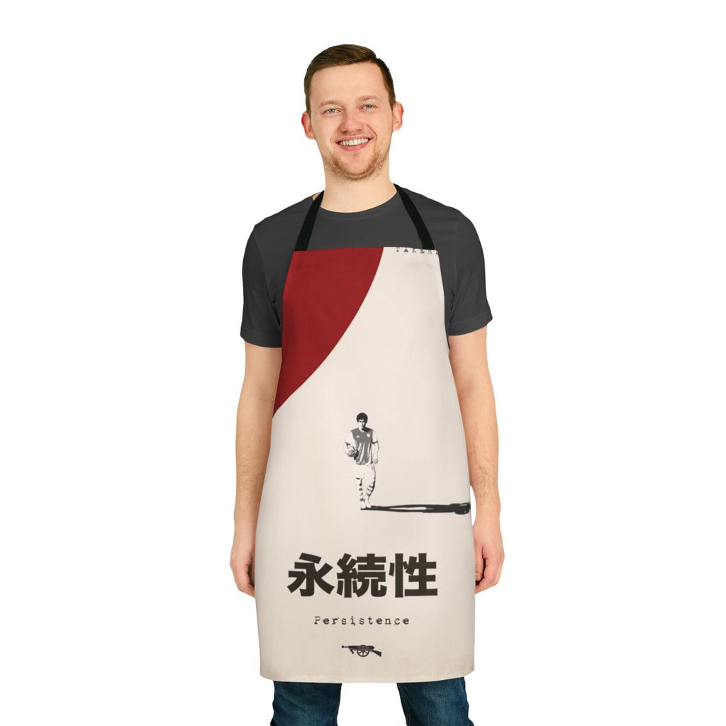 Vibrant Japanese-inspired apron featuring the Tomi Gun poster design, perfect for Arsenal FC fans.