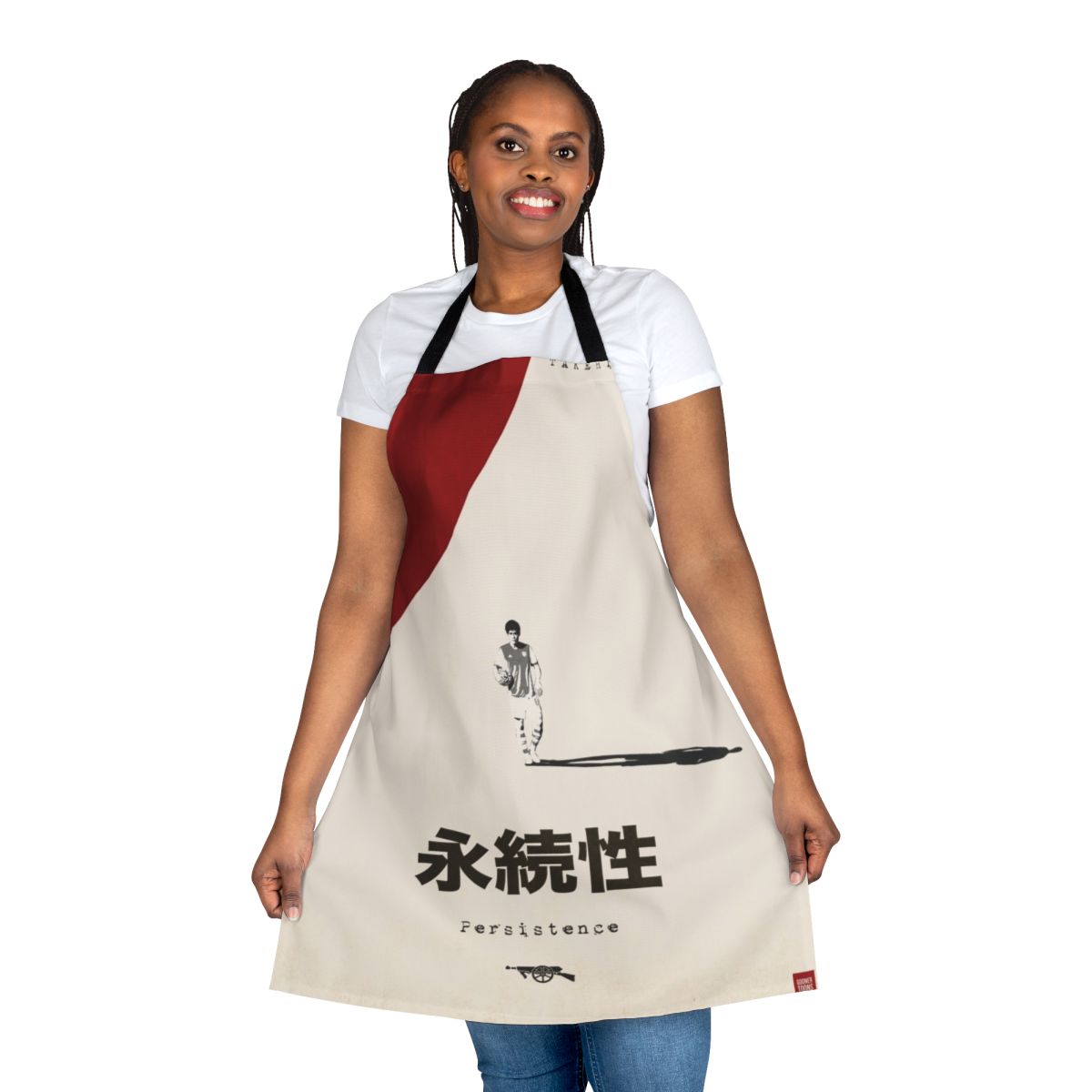 Vibrant Japanese-inspired apron featuring the Tomi Gun poster design, perfect for Arsenal FC fans.