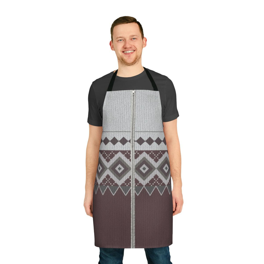 Inspired knitted apron in the style of Derek's iconic jumper from the Ricky Gervais TV series