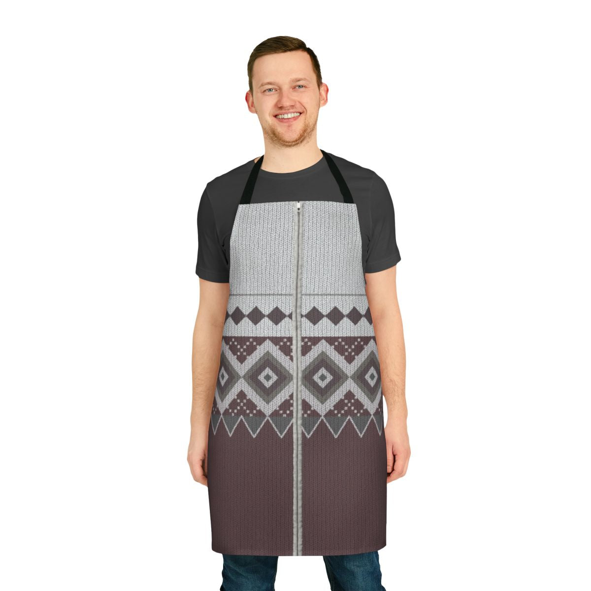 Inspired knitted apron in the style of Derek's iconic jumper from the Ricky Gervais TV series