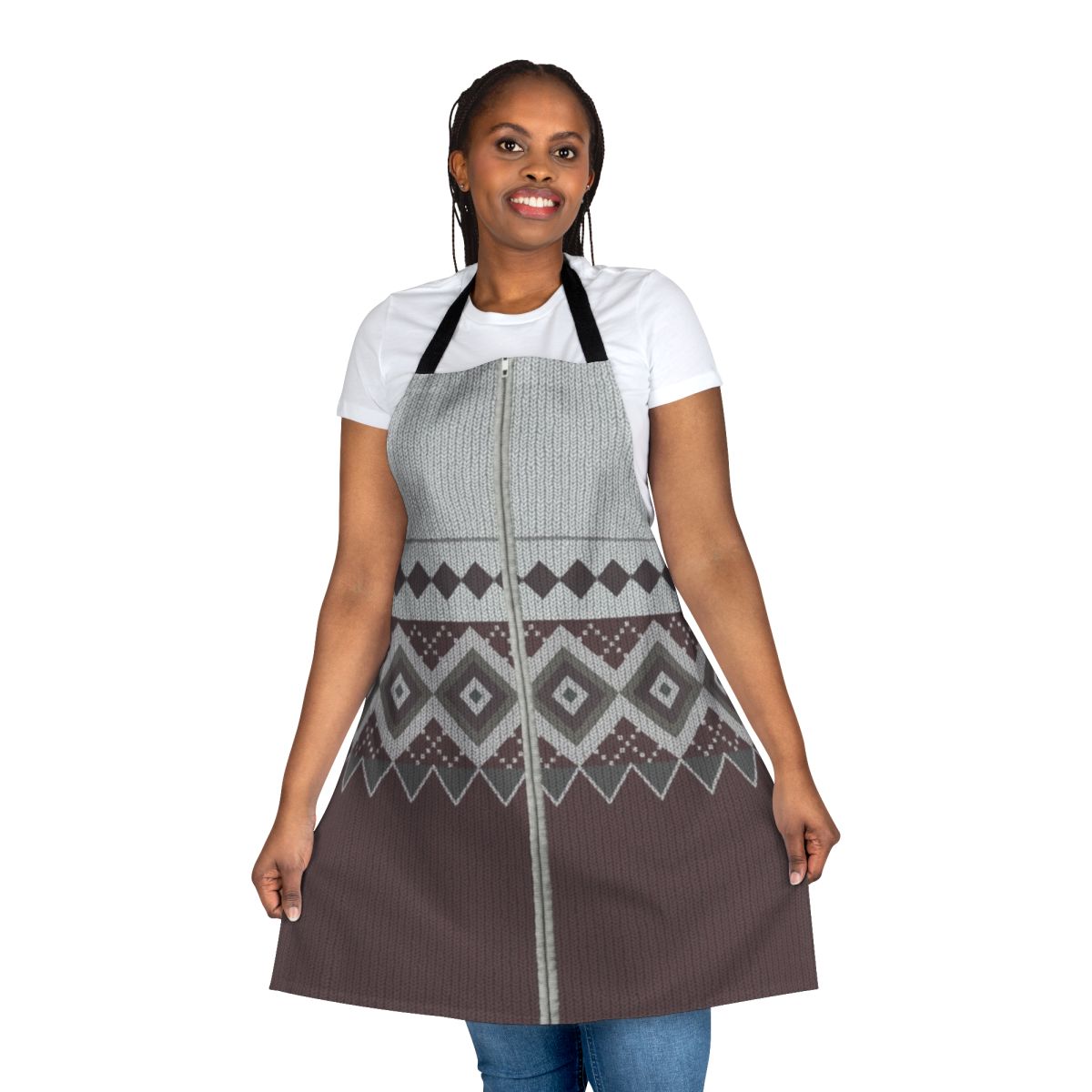 Inspired knitted apron in the style of Derek's iconic jumper from the Ricky Gervais TV series
