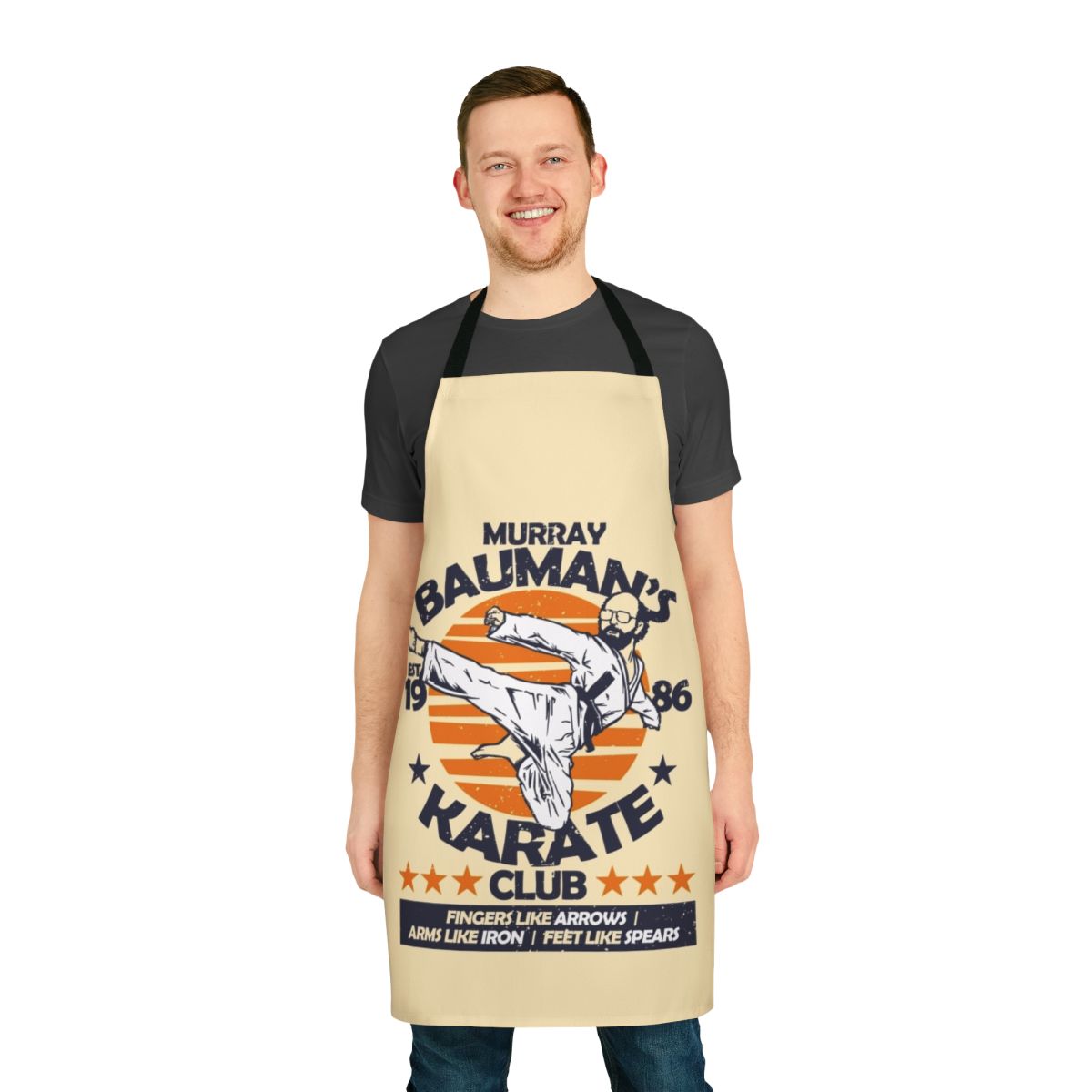 Murray Bauman-inspired karate apron with Stranger Things-themed graphics