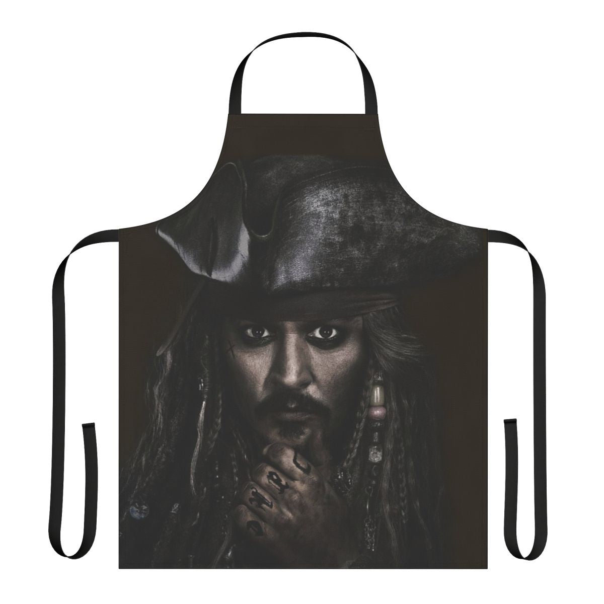 A high-quality apron featuring the iconic Captain Jack Sparrow from the Pirates of the Caribbean movies.