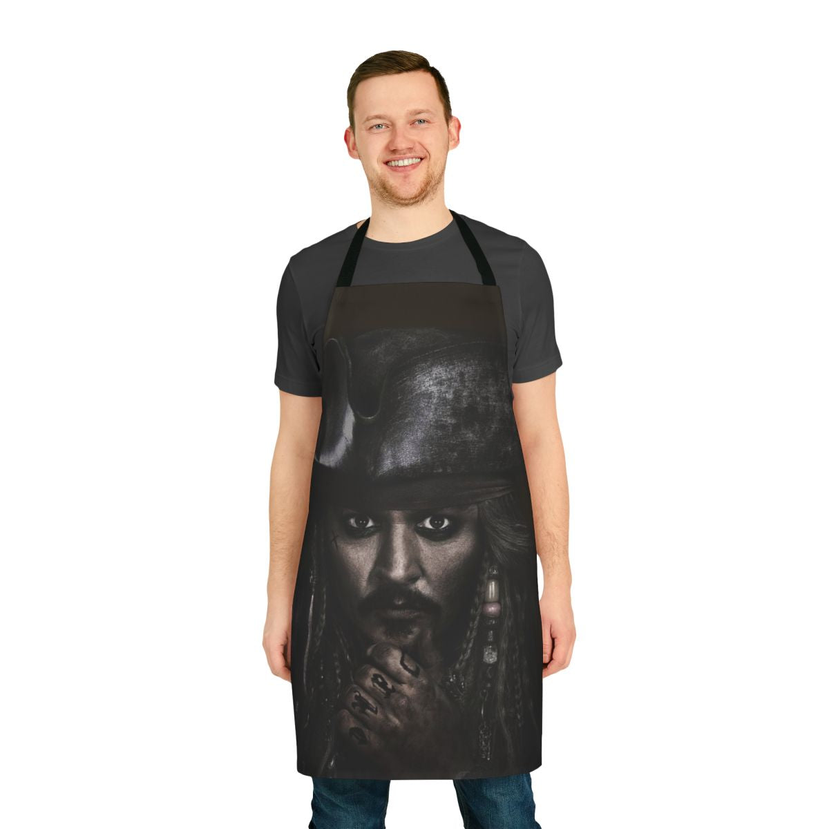 A high-quality apron featuring the iconic Captain Jack Sparrow from the Pirates of the Caribbean movies.