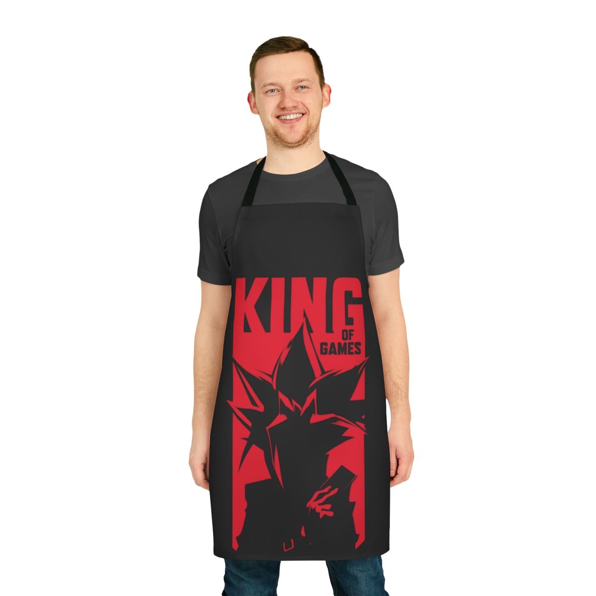 Stylish yugioh inspired apron featuring popular characters and symbols from the anime and manga series.