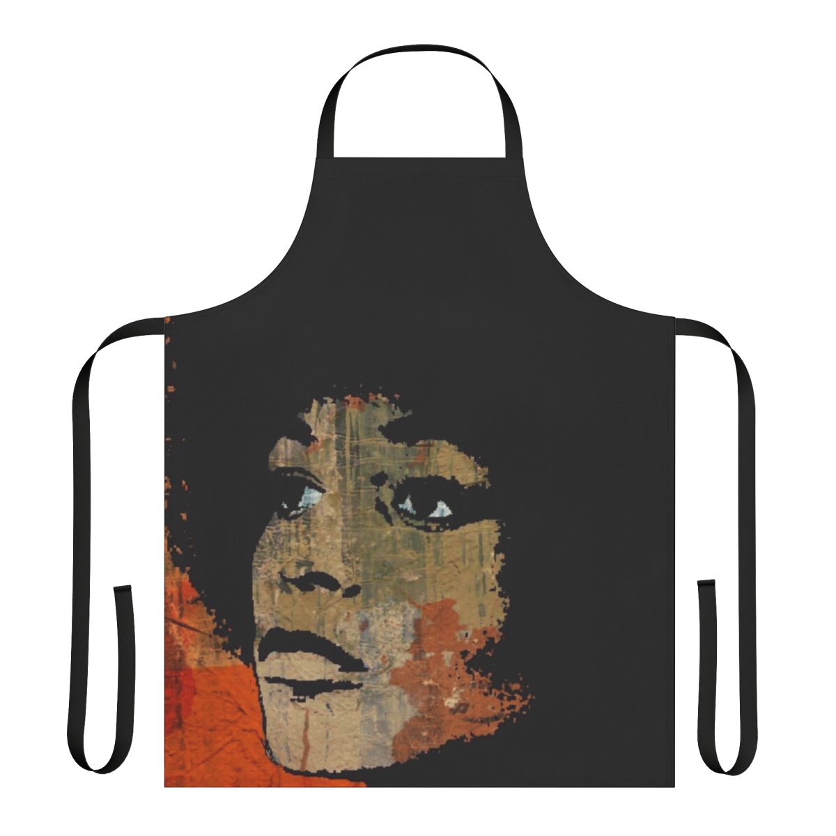 An apron featuring a pop art-style image of Angela Davis, the renowned American political activist and scholar.