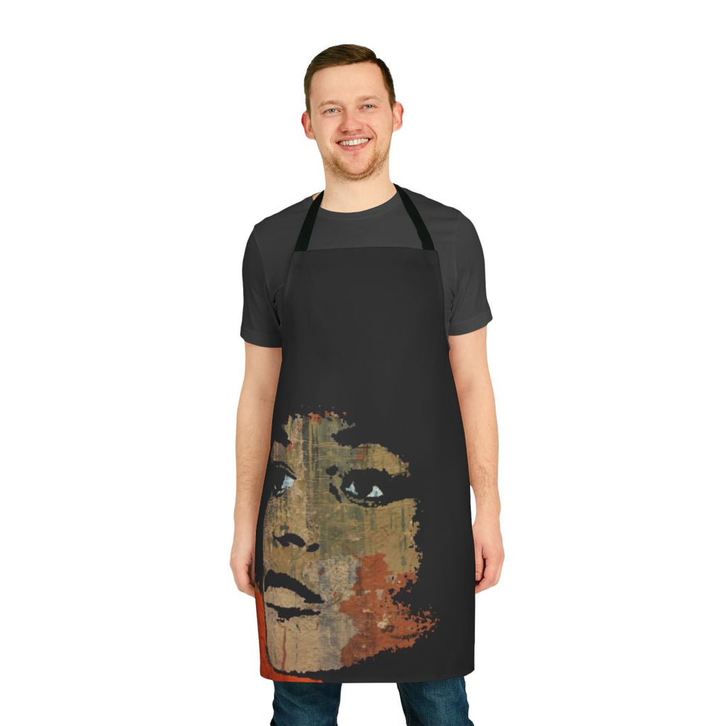 An apron featuring a pop art-style image of Angela Davis, the renowned American political activist and scholar.