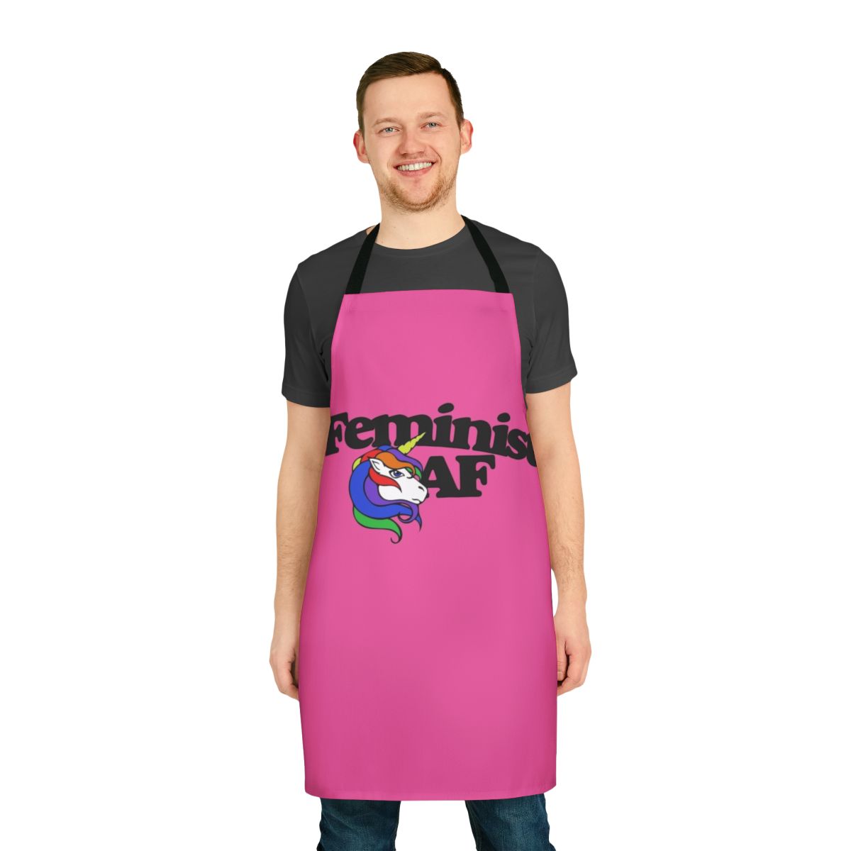 Feminist cooking apron with unicorn, rainbow, and feminist iconography