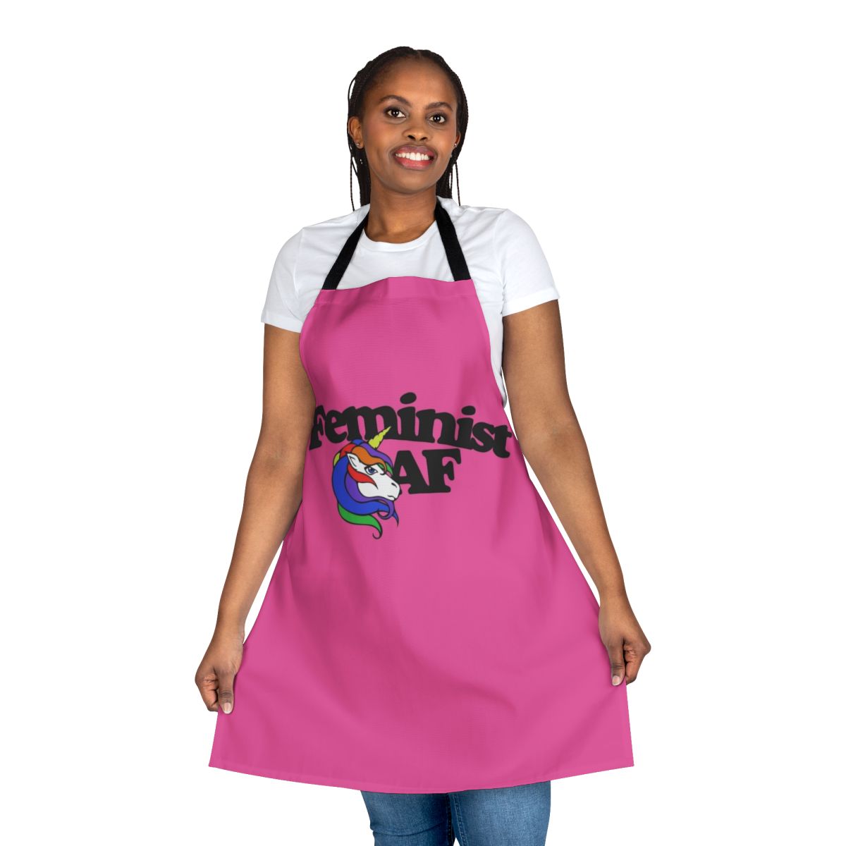 Feminist cooking apron with unicorn, rainbow, and feminist iconography