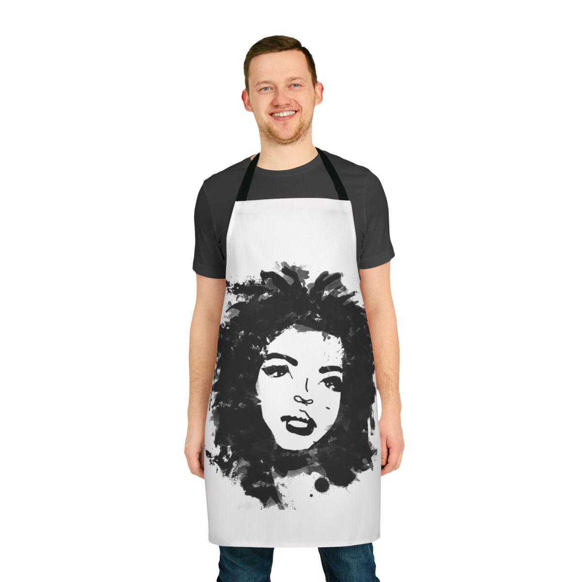 Lauryn Hill-inspired monochrome apron with paint splatter design