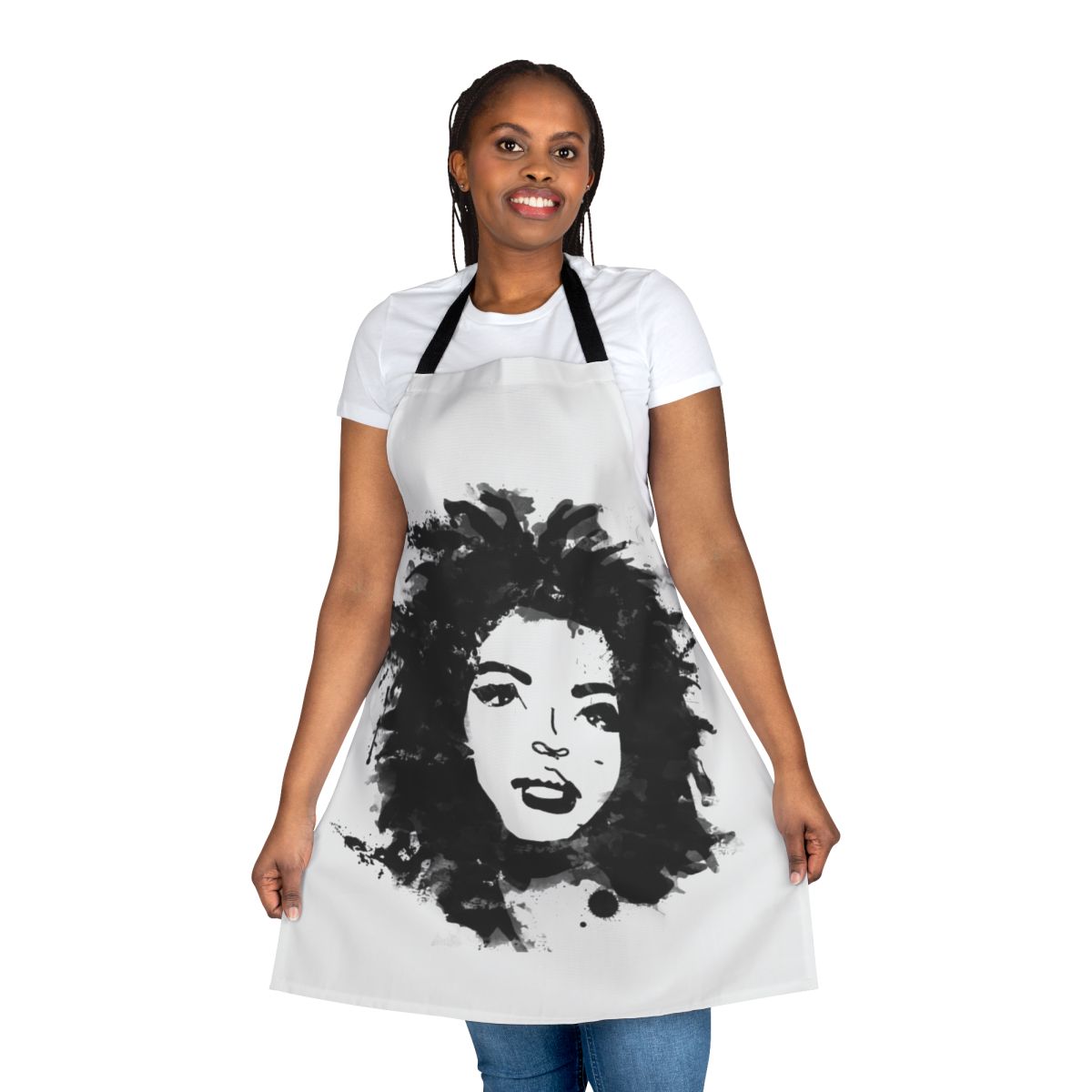 Lauryn Hill-inspired monochrome apron with paint splatter design