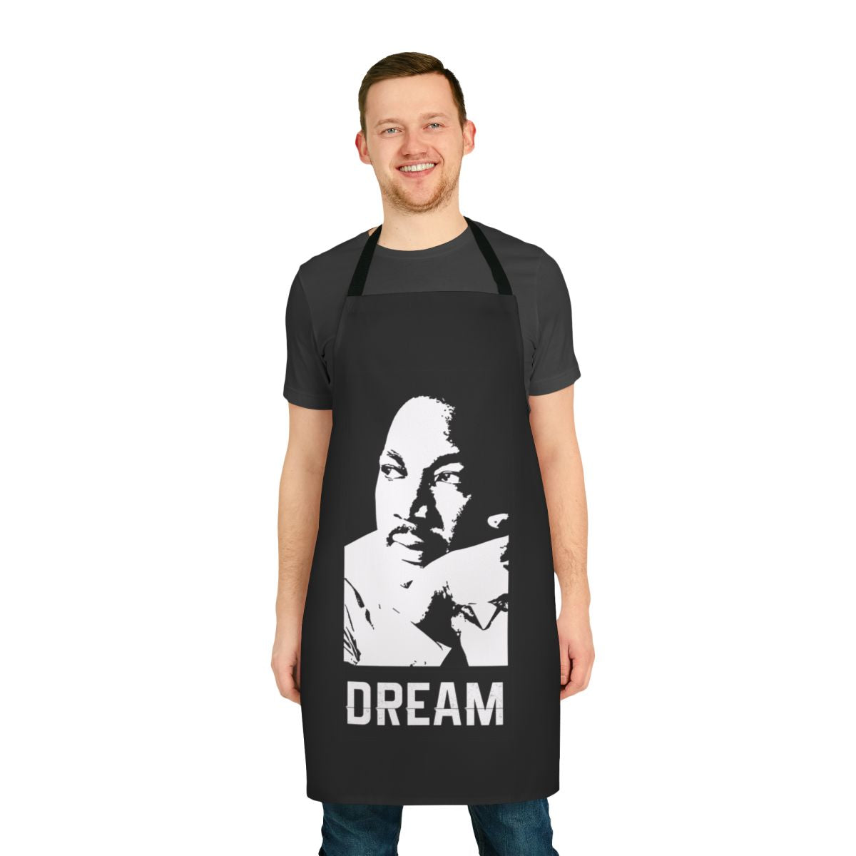 An apron featuring a design inspired by Martin Luther King Jr.'s "I Have a Dream" speech and civil rights activism.