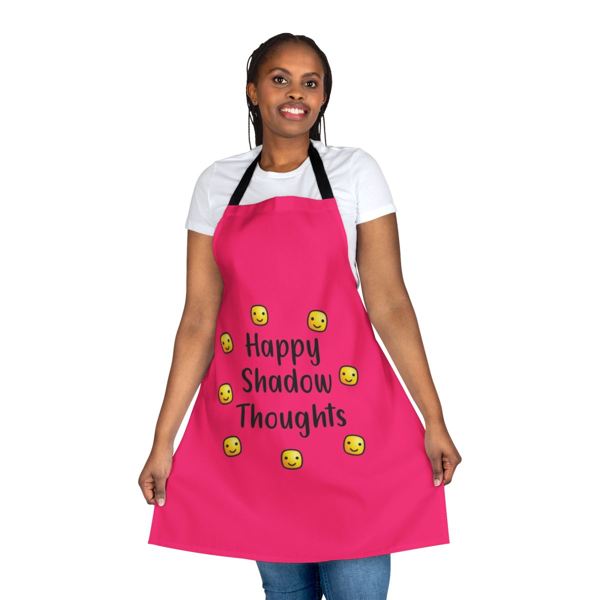 Minimalist black and white apron with a positive quote about happy shadow thoughts