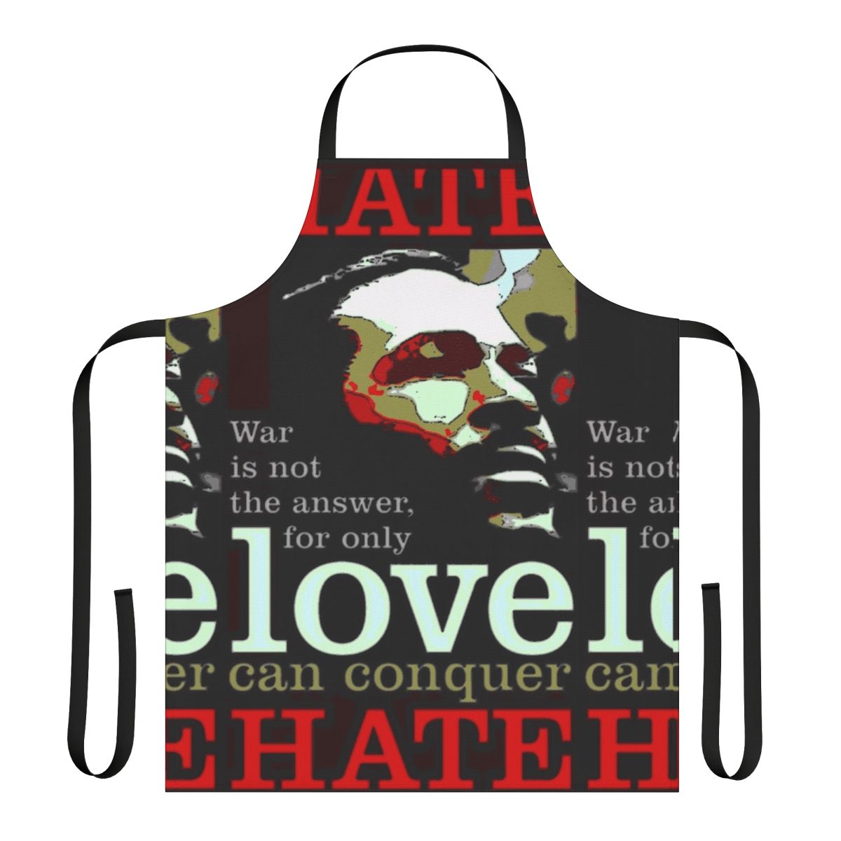 Apron featuring Marvin Gaye's inspirational message "Love Conquers Hate"