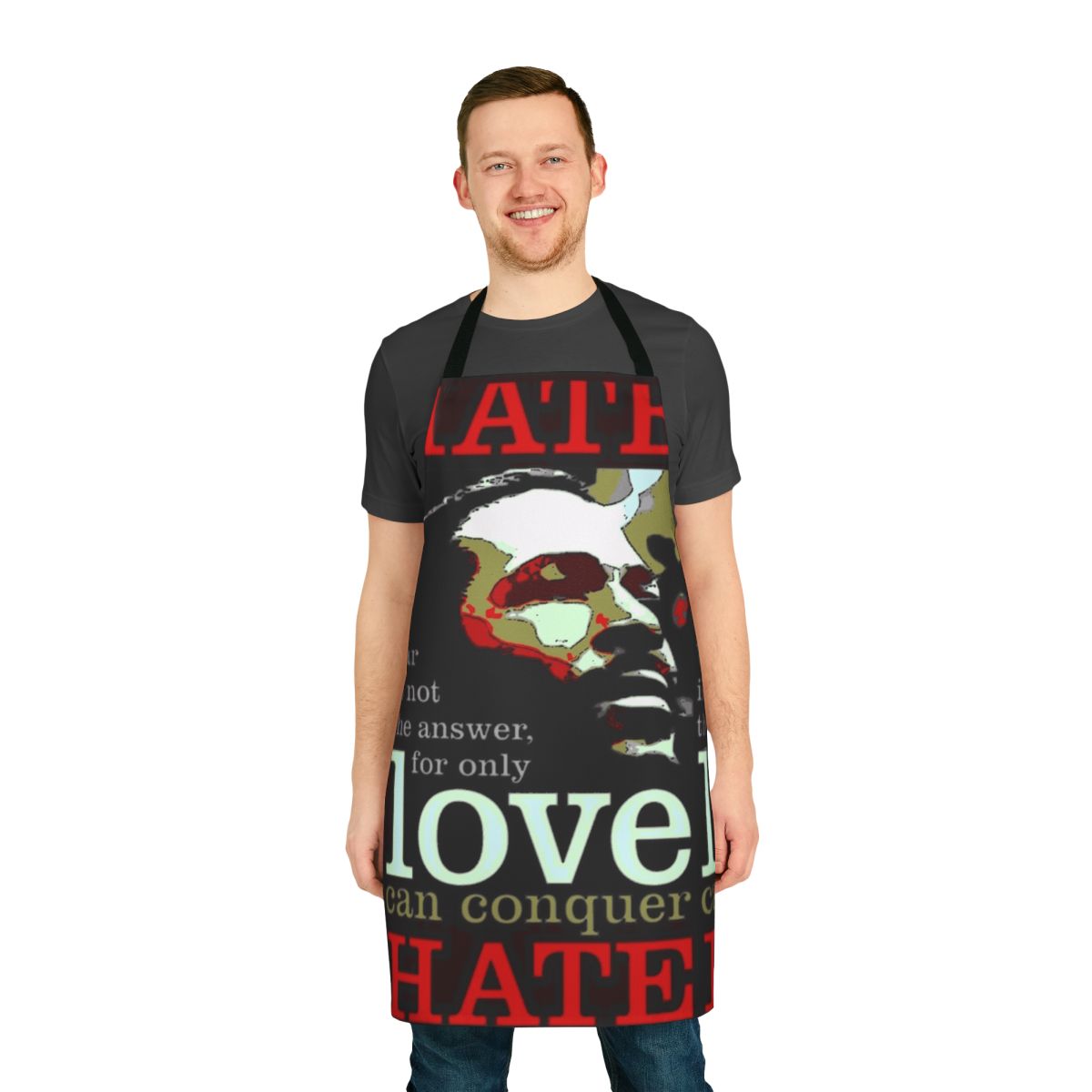 Apron featuring Marvin Gaye's inspirational message "Love Conquers Hate"