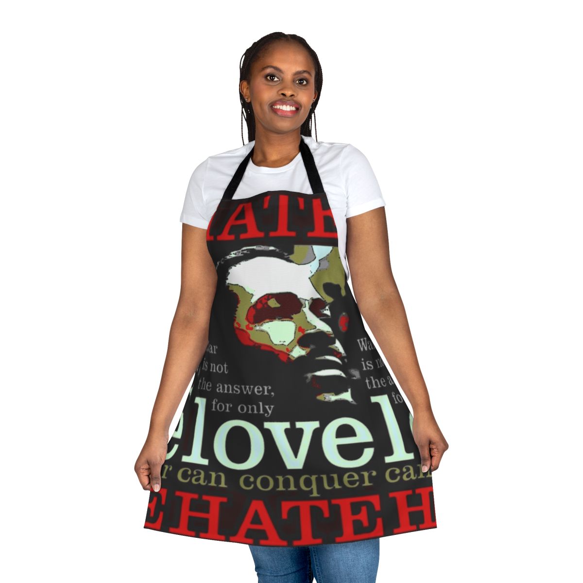 Apron featuring Marvin Gaye's inspirational message "Love Conquers Hate"