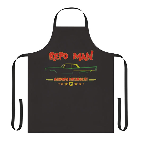 A distressed apron featuring a Repo Man inspired design with the text "The life of a repo man is always intense"