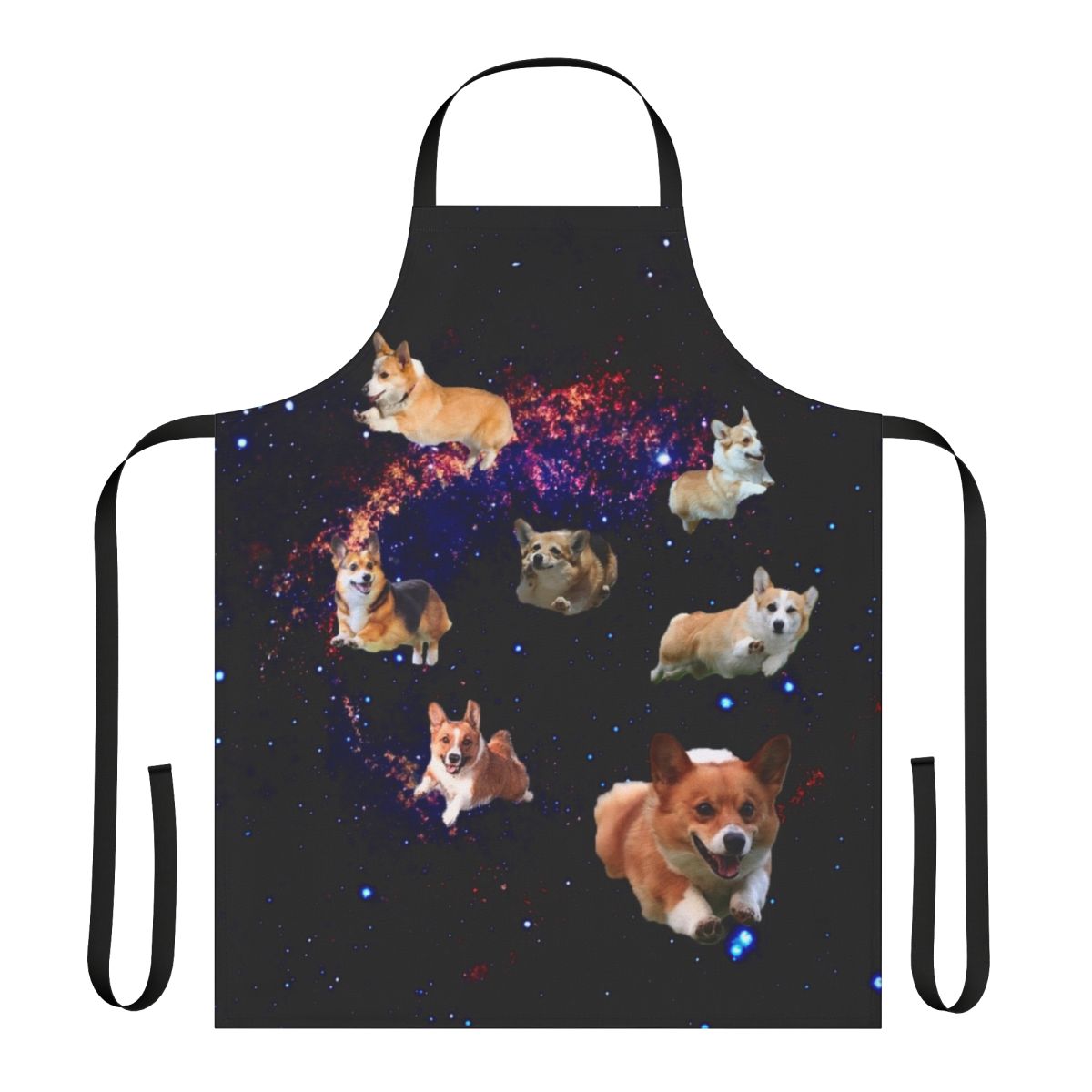 Apron featuring a colorful, trippy design of a corgi dog in outer space