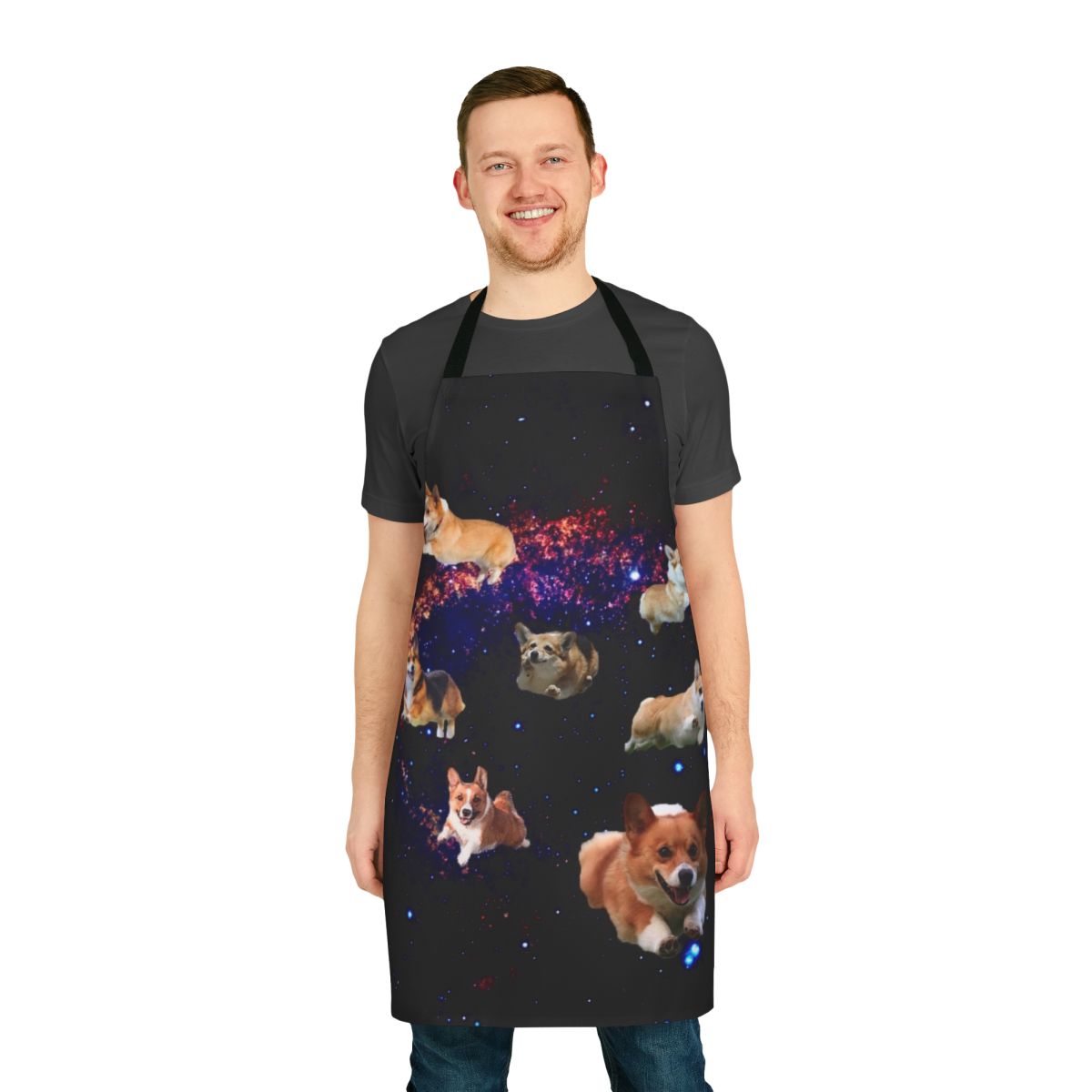Apron featuring a colorful, trippy design of a corgi dog in outer space