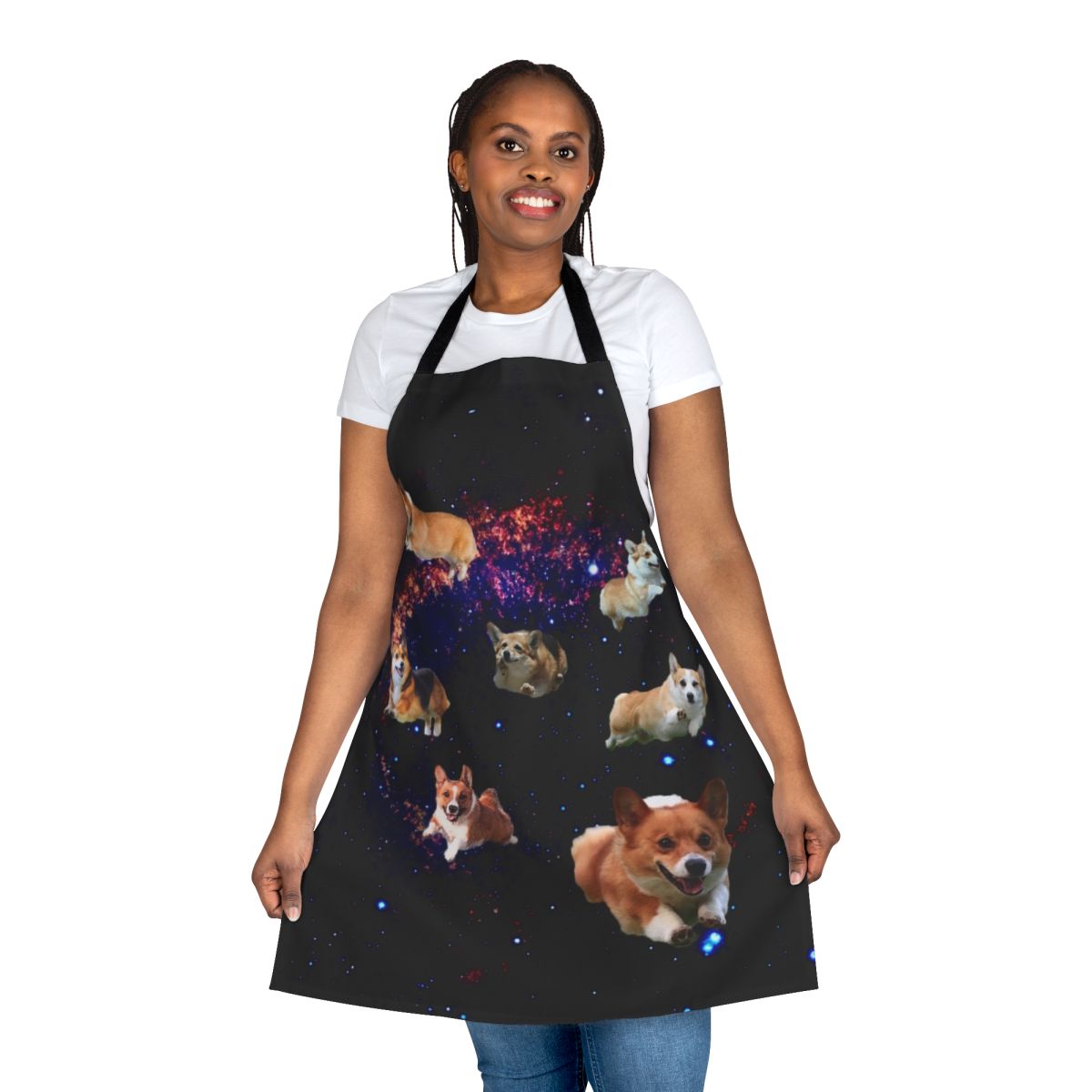 Apron featuring a colorful, trippy design of a corgi dog in outer space