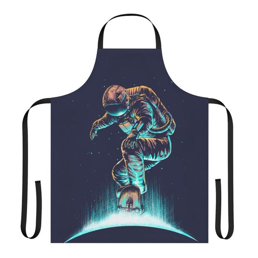 A space-themed apron featuring abstract, surreal, and neon-inspired graphics