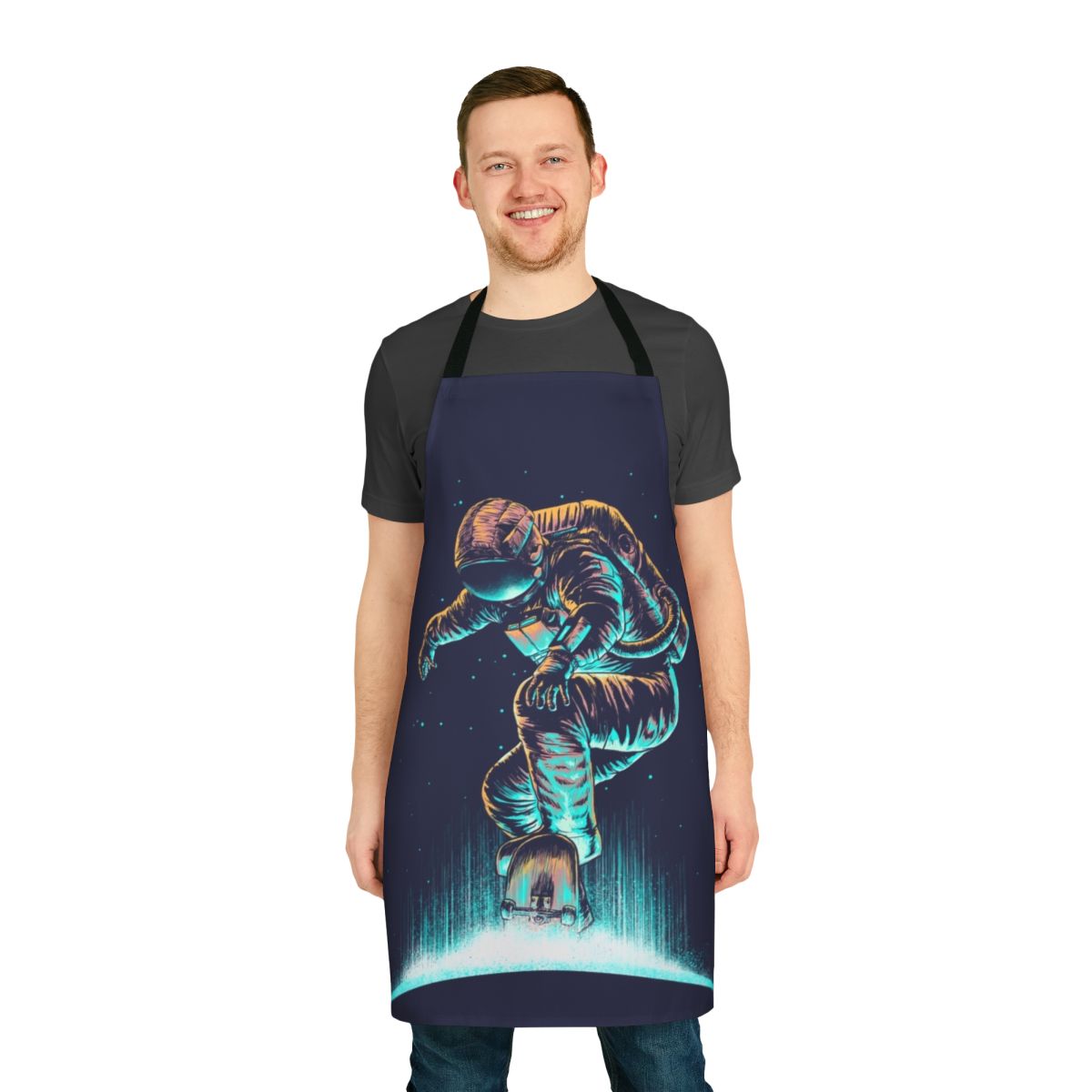 A space-themed apron featuring abstract, surreal, and neon-inspired graphics