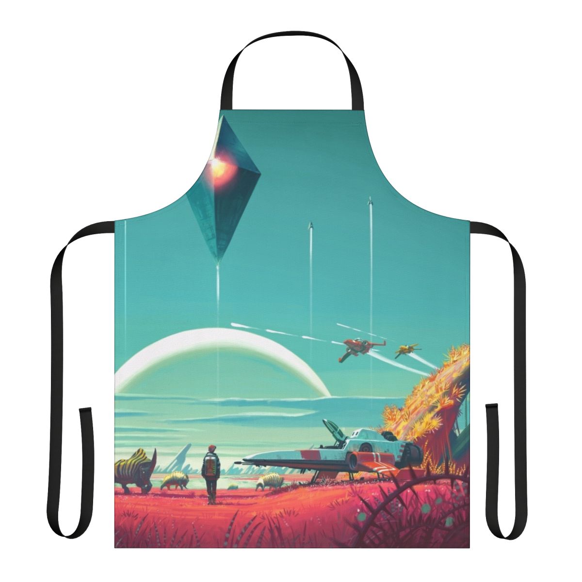 An apron featuring a spaceship and the words "No Man's Sky Horizon" against a starry background.
