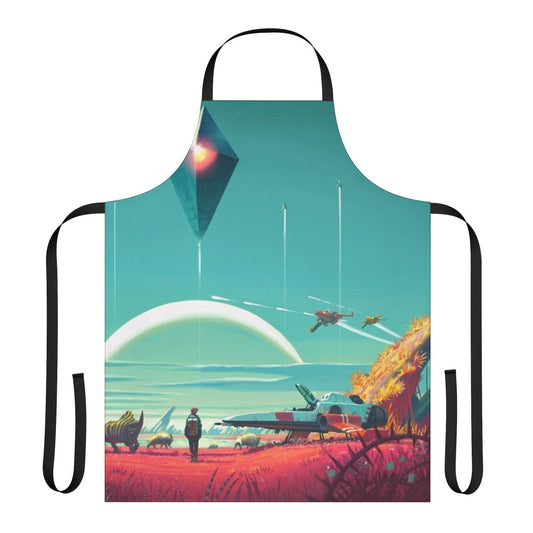 An apron featuring a spaceship and the words "No Man's Sky Horizon" against a starry background.