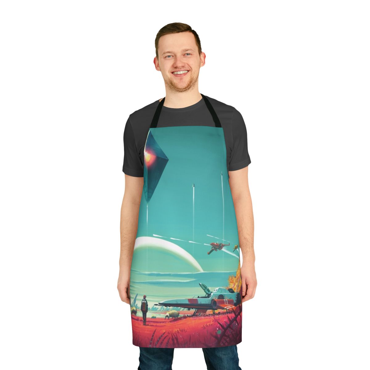 An apron featuring a spaceship and the words "No Man's Sky Horizon" against a starry background.
