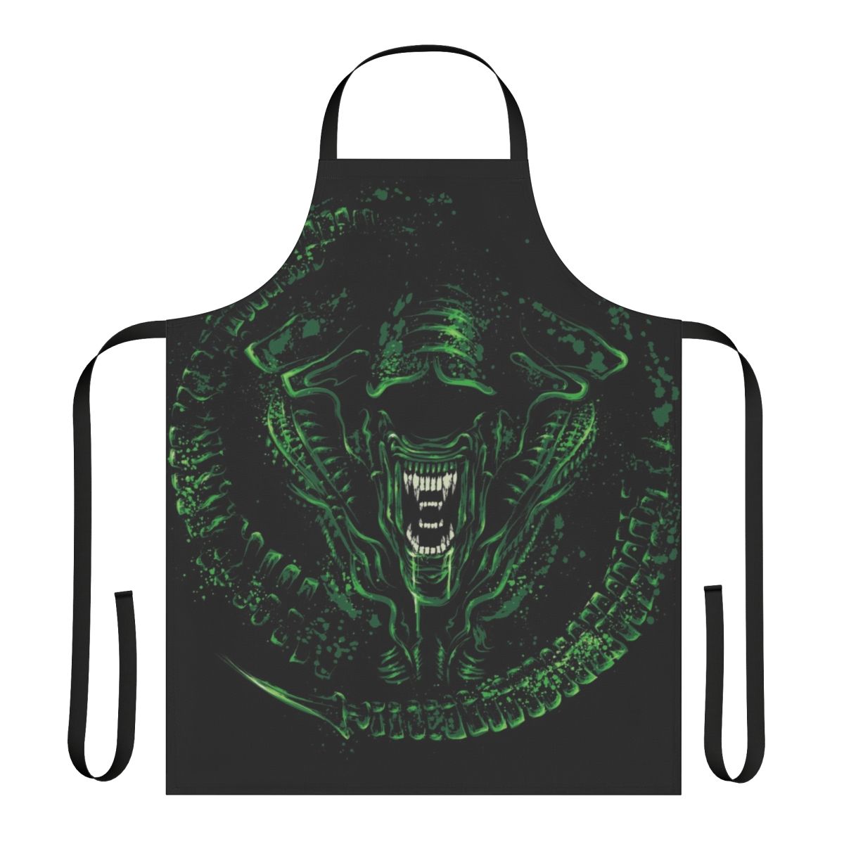 Intergalactic sci-fi horror inspired apron featuring xenomorph and facehugger designs