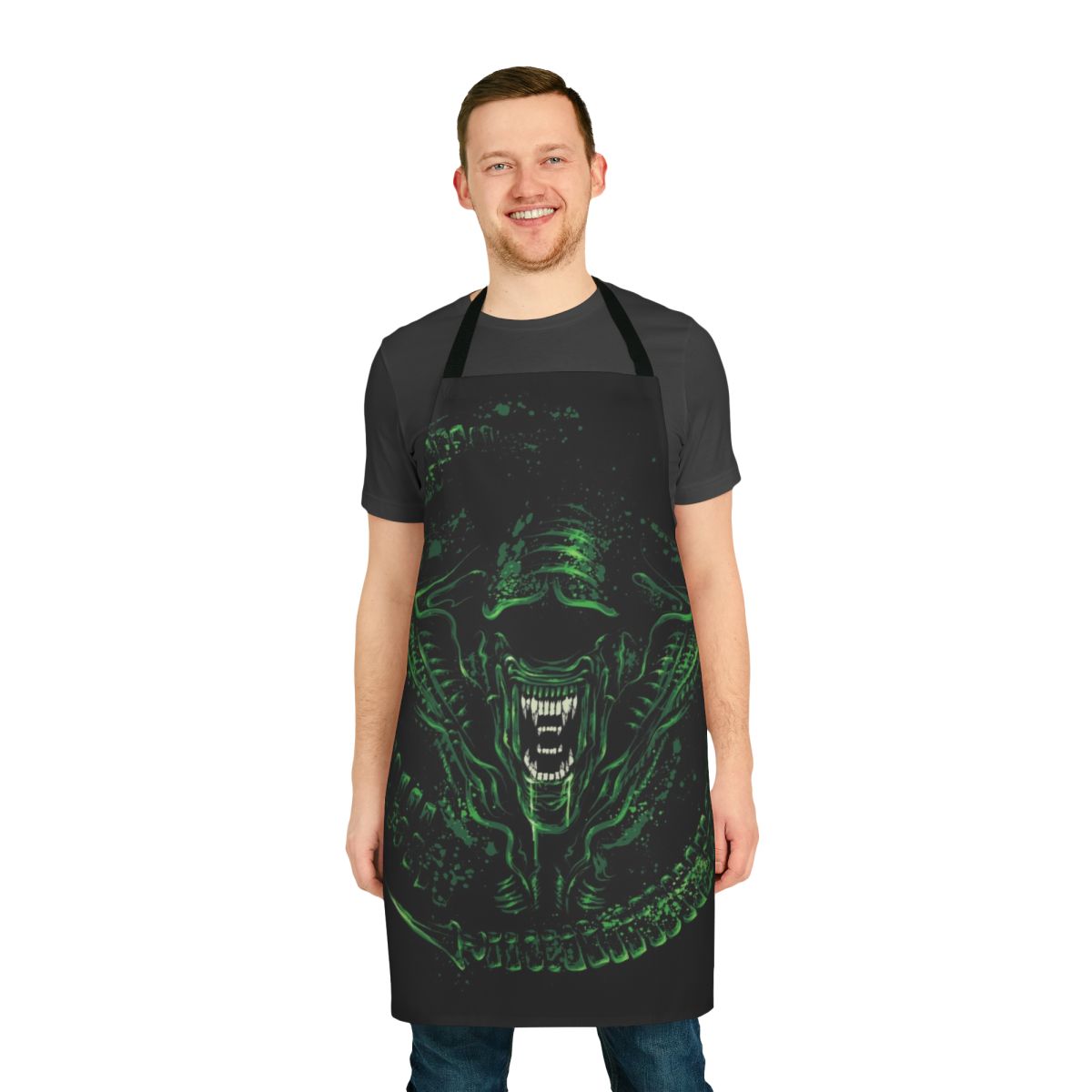 Intergalactic sci-fi horror inspired apron featuring xenomorph and facehugger designs