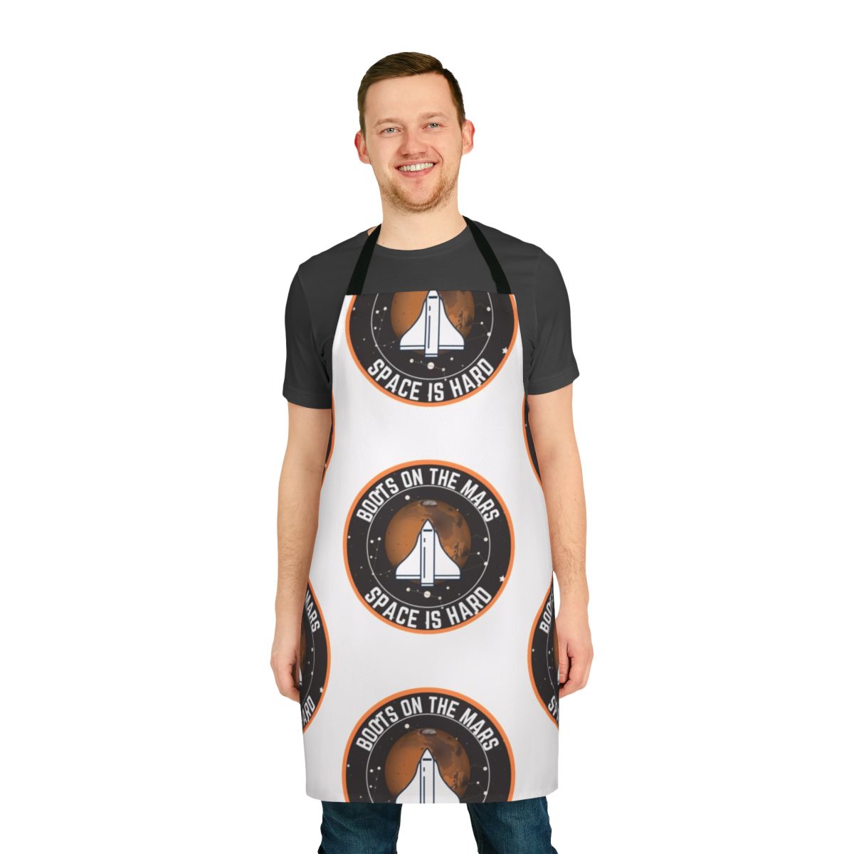 Intergalactic space boots inspired apron with rocket ship design