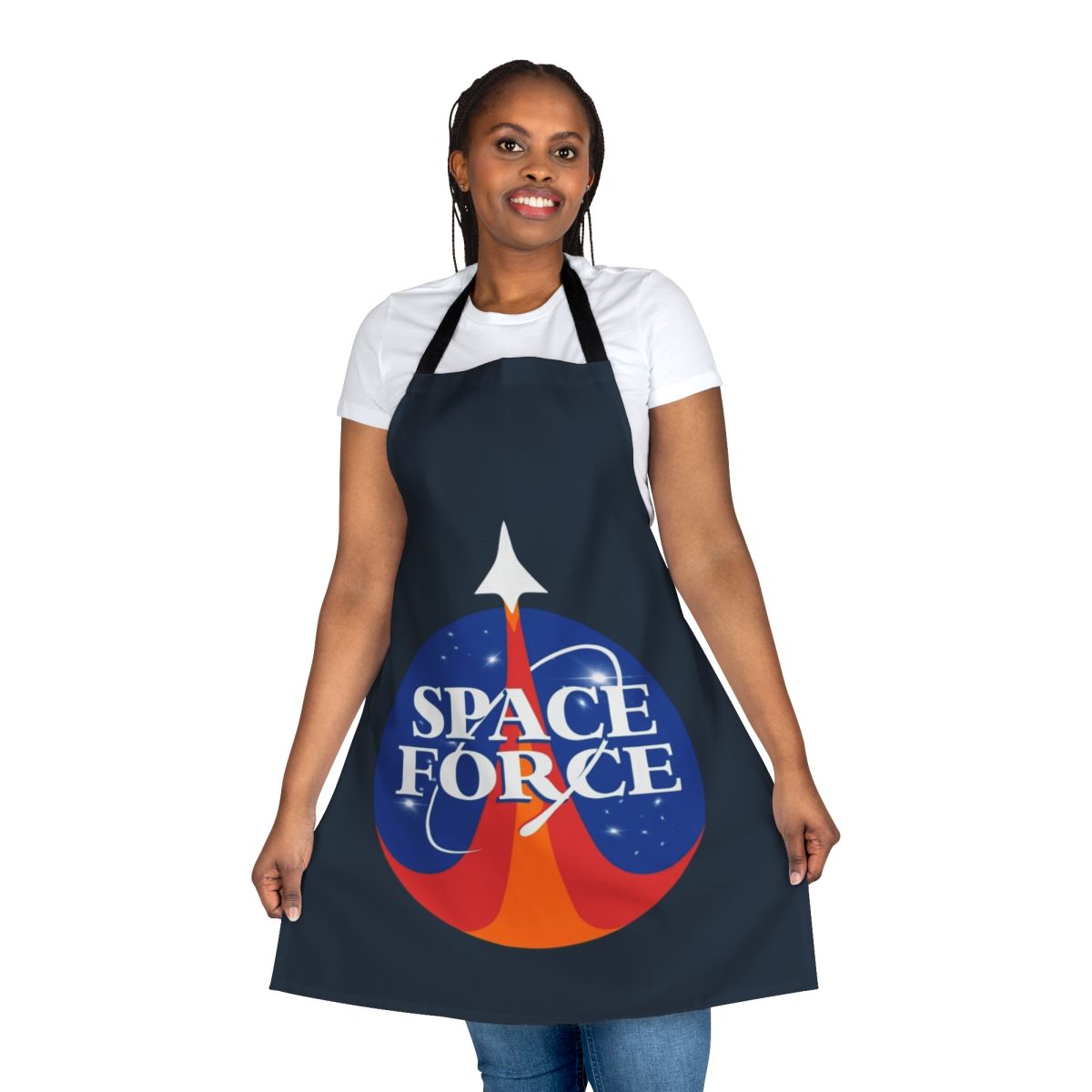Vintage-inspired space force apron with "Space Is Hard" graphic