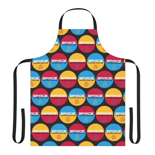 A retro-style apron featuring the iconic "Space the Final Frontier" quote from the Star Trek franchise.
