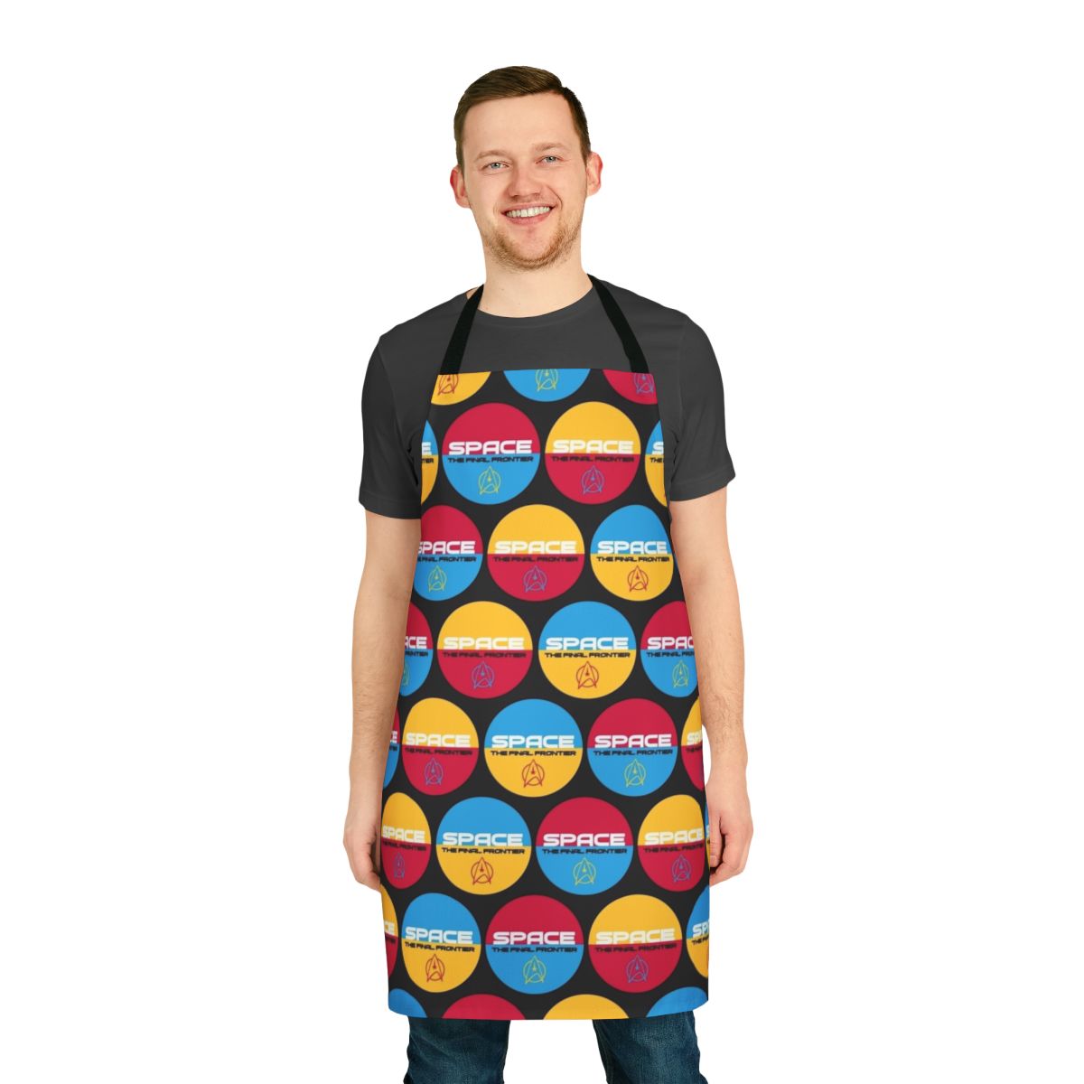 A retro-style apron featuring the iconic "Space the Final Frontier" quote from the Star Trek franchise.