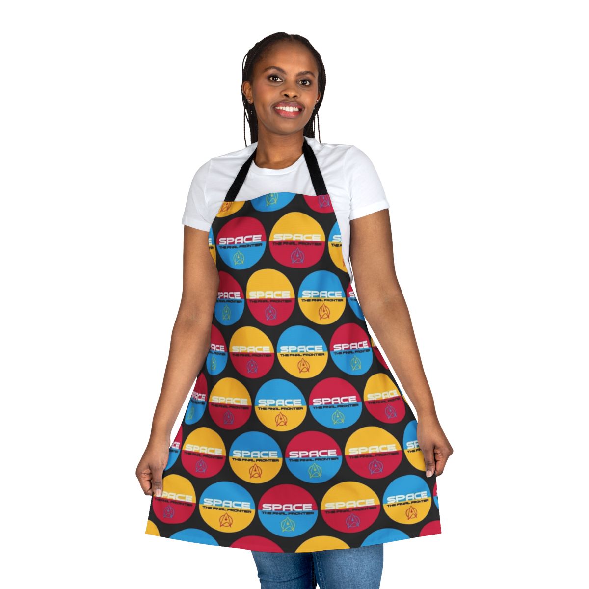 A retro-style apron featuring the iconic "Space the Final Frontier" quote from the Star Trek franchise.